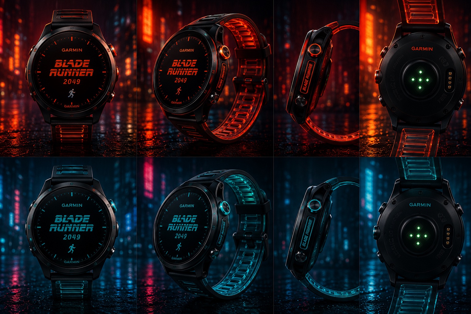 Eight studio angles of the concept watch in red and cyan colorways, showing the case, illuminated strap, side profile, and caseback.