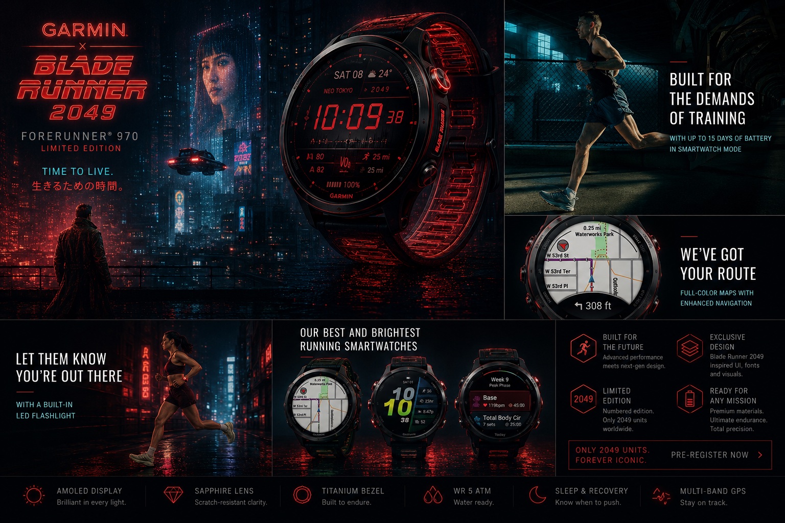 A concept campaign layout combining the watch, a neon cityscape scene, lifestyle running photography, and a feature summary grid.