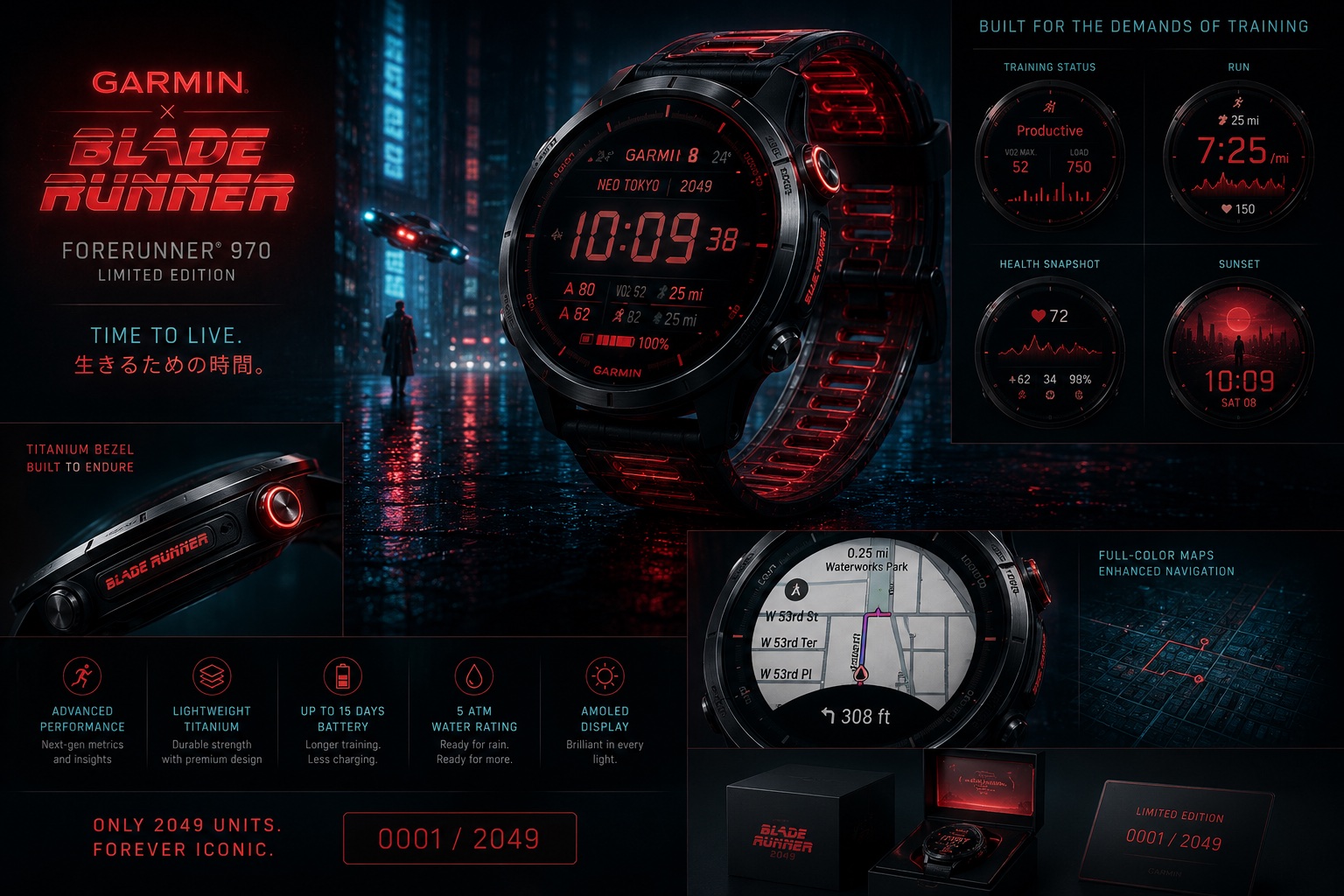 A concept feature board showing the watch in a cityscape scene, close-up bezel detail, training watch faces, map navigation, and packaging.