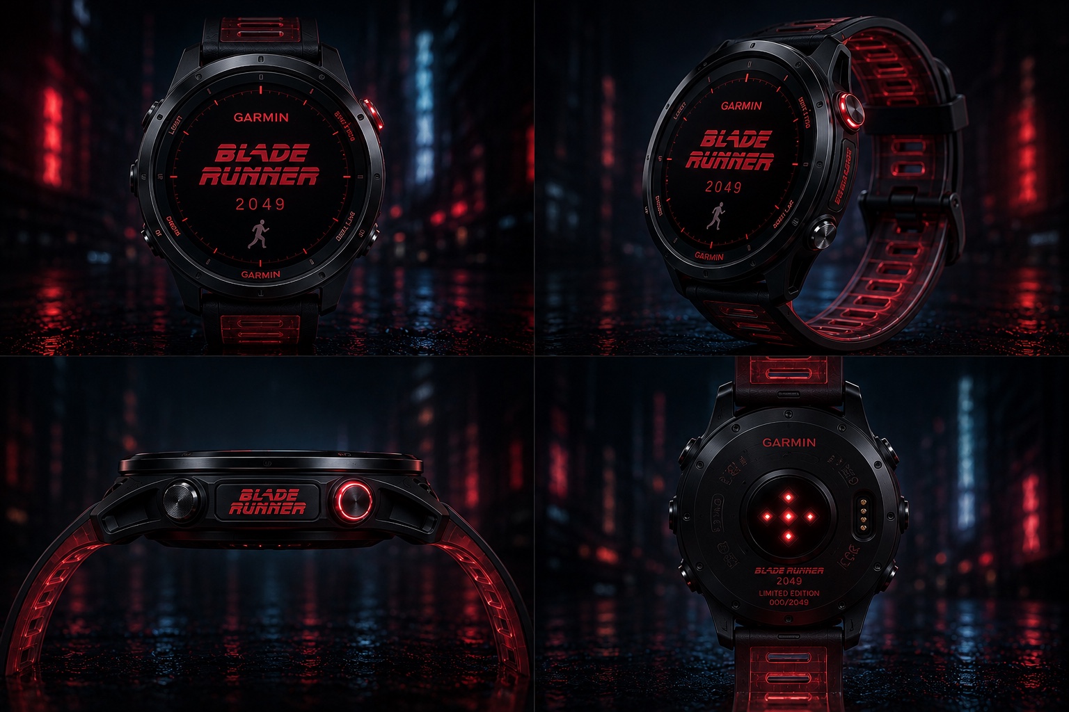 Four studio views of the red concept watch in a dark, wet city setting: front, three-quarter with translucent red strap, side profile, and caseback engraved Blade Runner 2049 Limited Edition 000/2049.